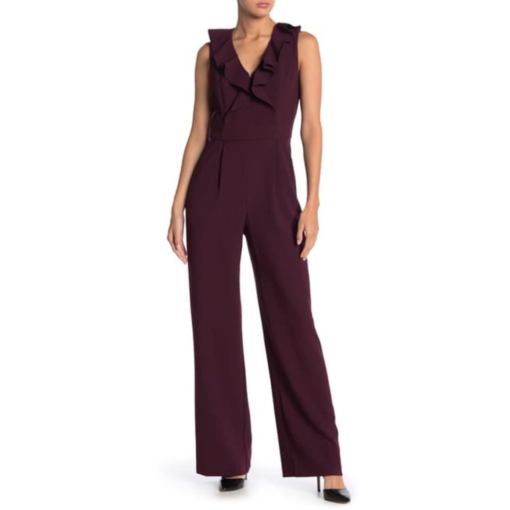 NWOT Eliza J Ruffle V-Neck Jumpsuit Plum Size 12